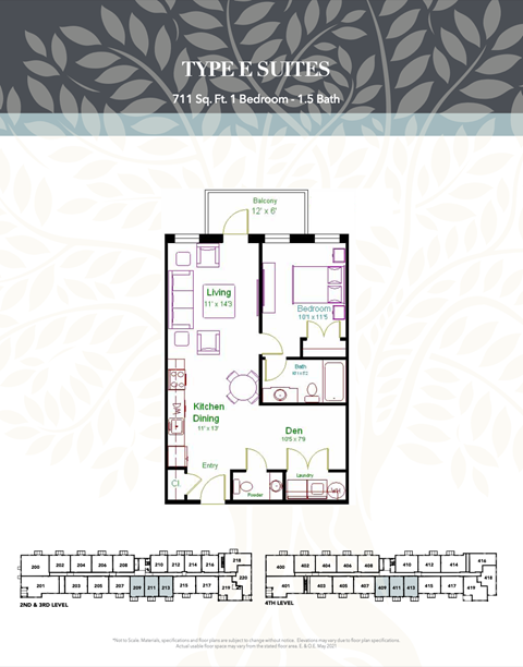 Floor plan for 1 bed, 1.5 baths, 777 sqft